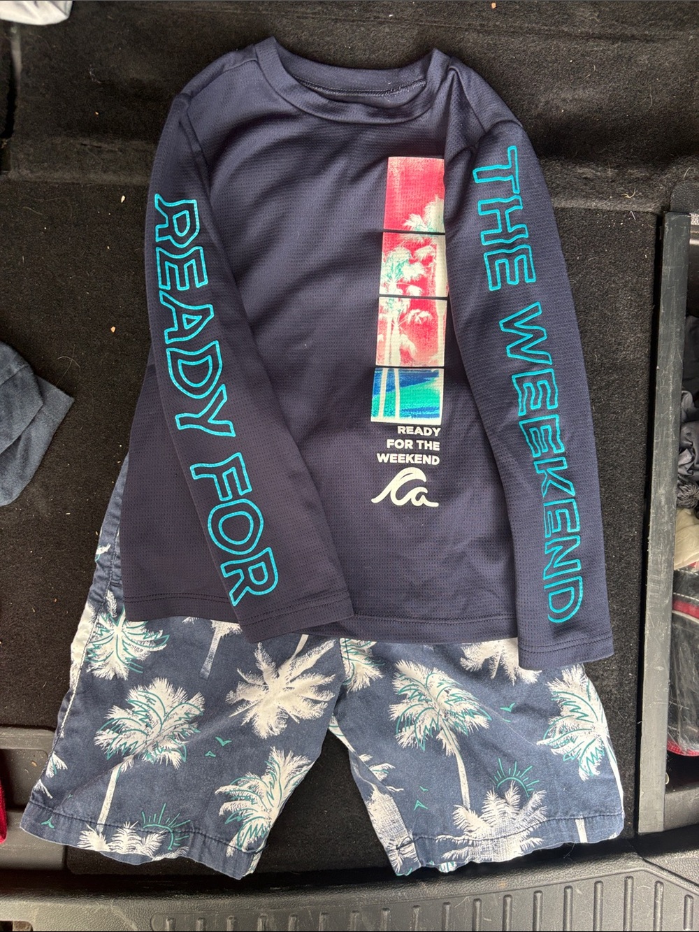 Boys Rash Guard Set with Teal Accents and Palm Tree Swim Bottoms